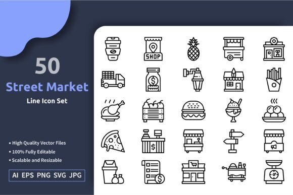 50 Vector Street Market Line Icon Set